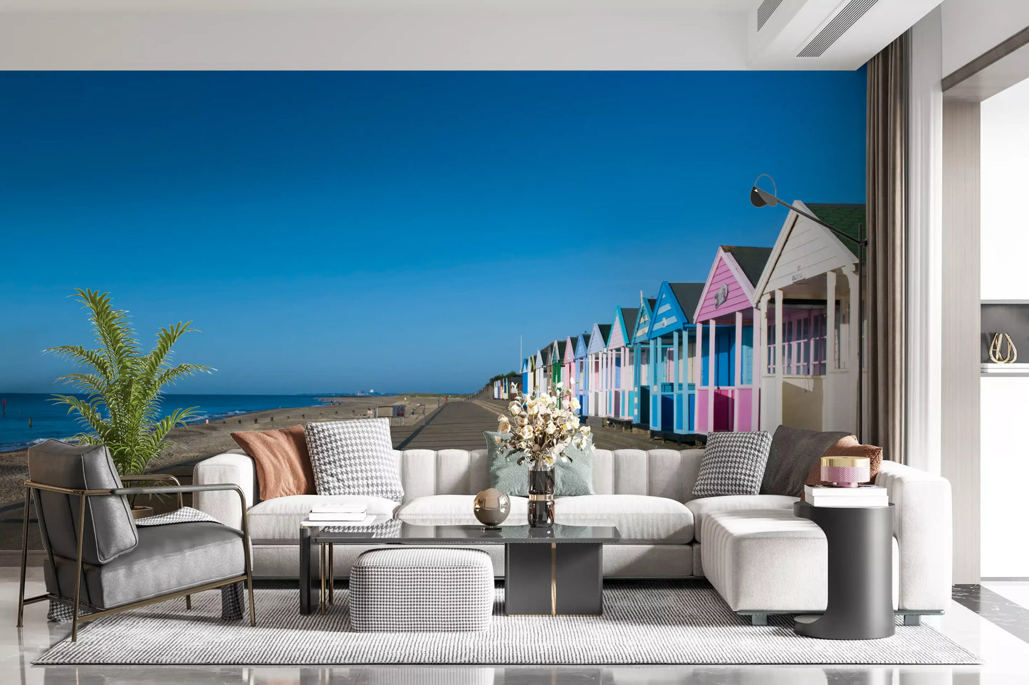 Living room area pastel beach hut wall mural with ocean horizon, GD9711