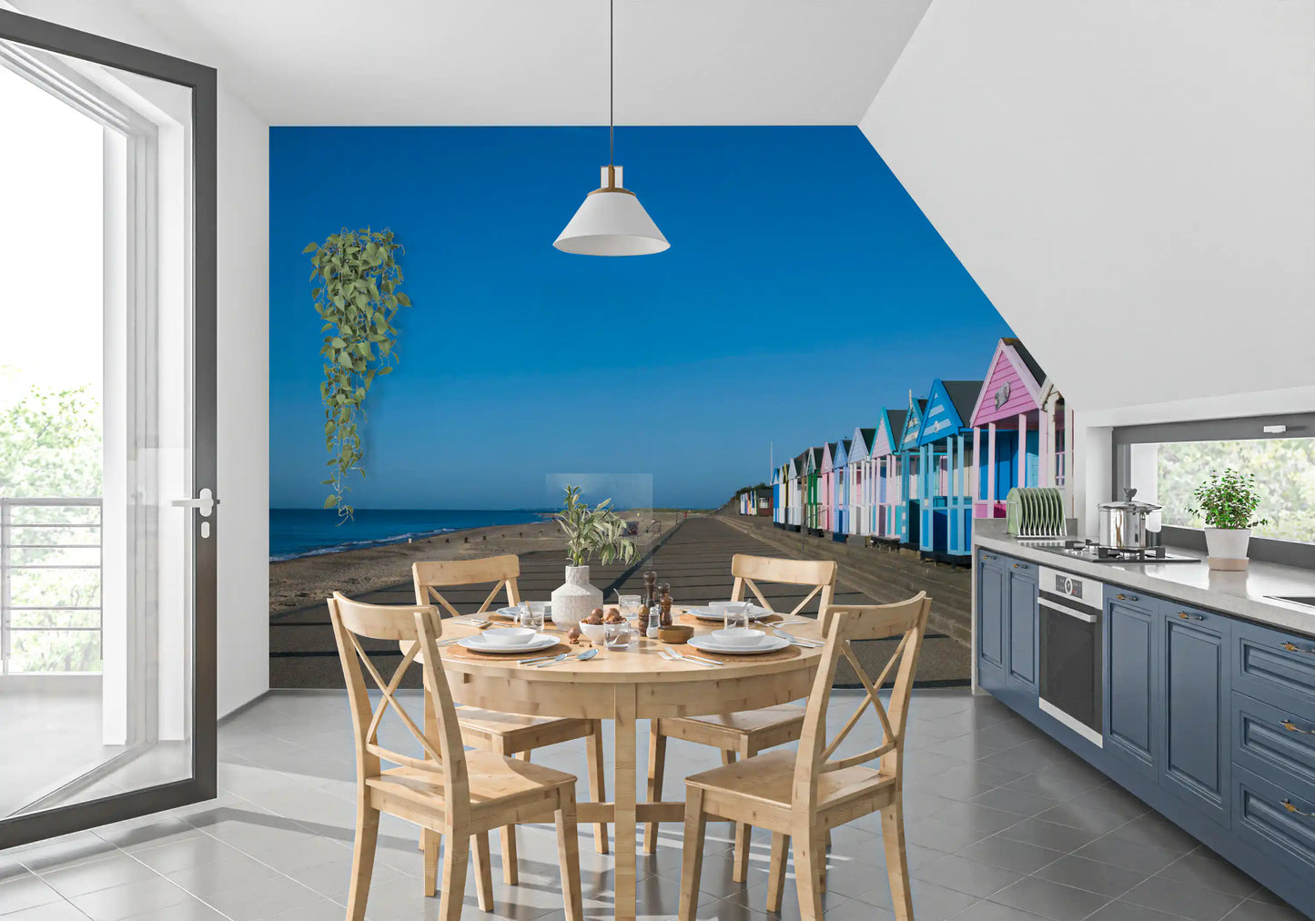 Colorful beach hut serenity wall mural pastel coastal promenade scene, GD9711