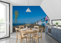Colorful beach hut serenity wall mural pastel coastal promenade scene, GD9711