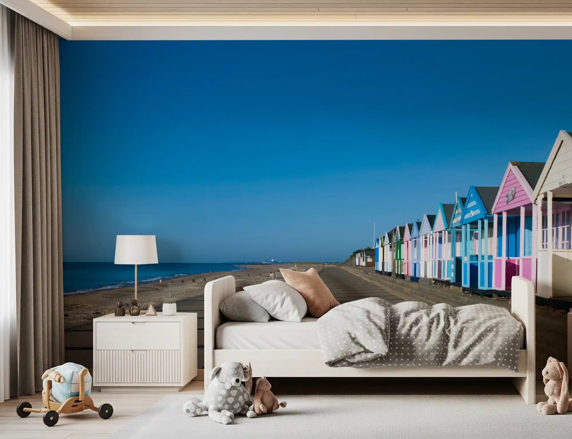 kids bedroom beach hut promenade wall mural sunny seashore scene, GD9711
