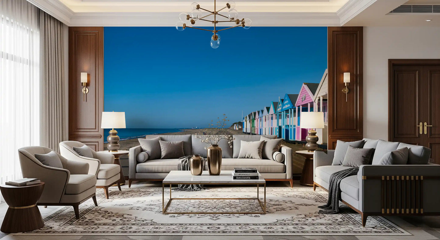 Lounge with seaside beach hut wall mural in multicolor pastel tones, GD9711