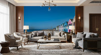 Lounge with seaside beach hut wall mural in multicolor pastel tones, GD9711