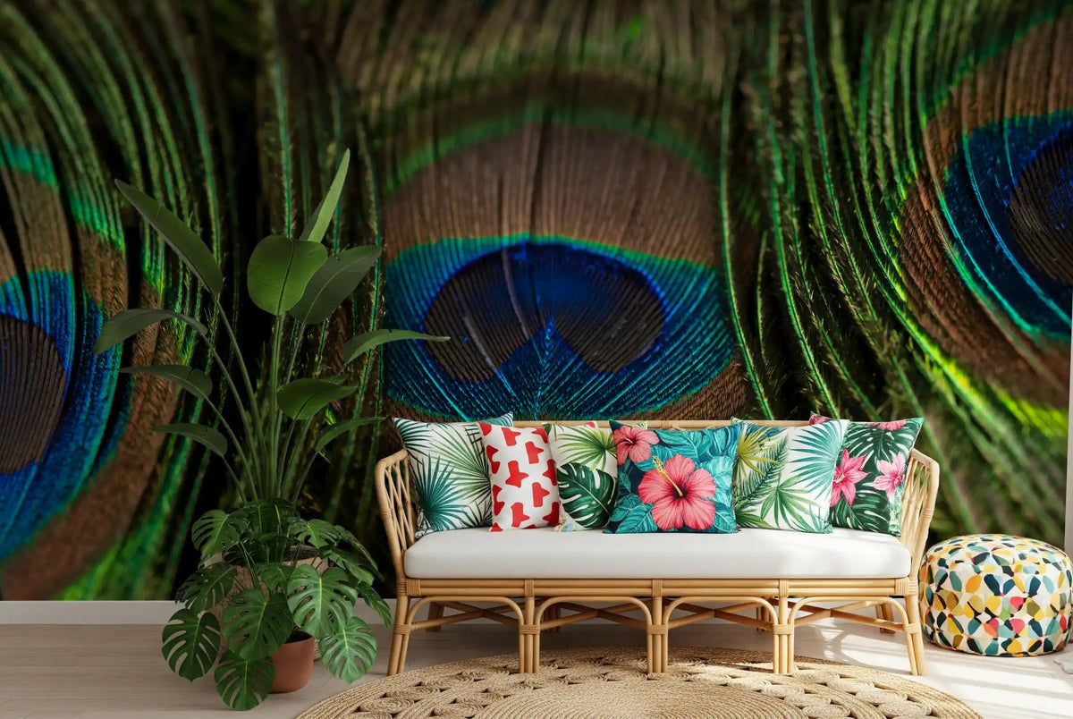 Deep teal Peacock Plumes wall mural displayed in a living room, GD9712