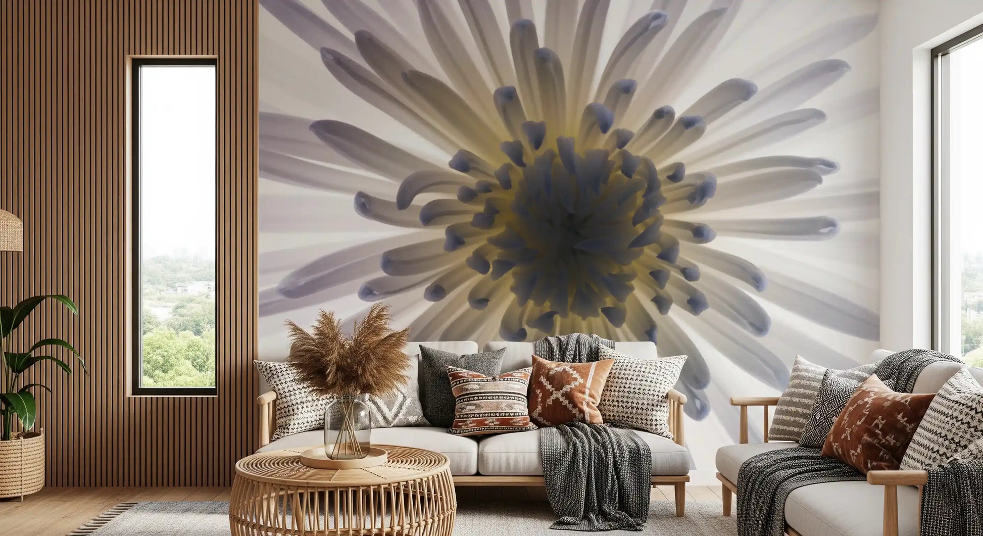 White petals dazzle a Living room with this luminous wall mural macro.