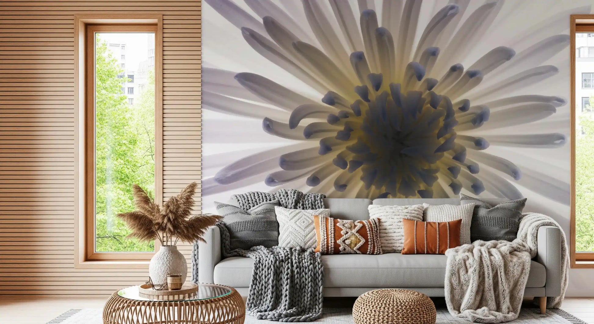 Cool blue tips ring the bloom heart on this luminous petals wall mural.