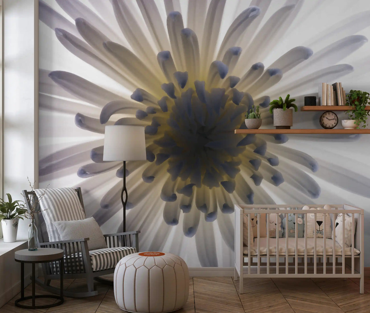 Yellow heart pierces the white petals on this luminous wall mural sample.