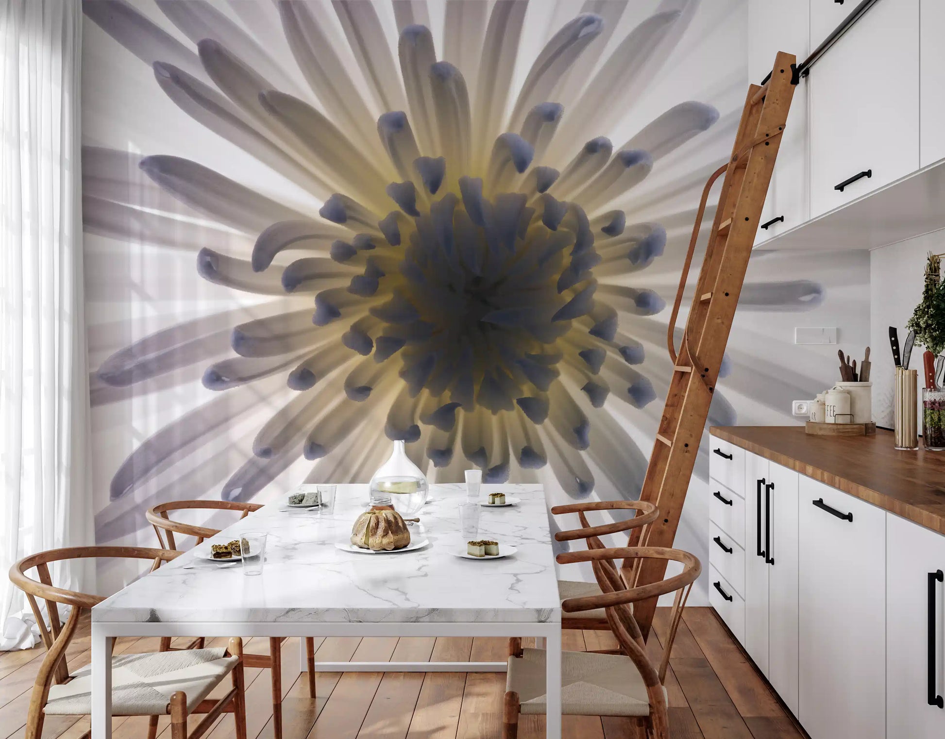 A modern Kitchen and dining room cleanses visually under this luminous petals wall mural.