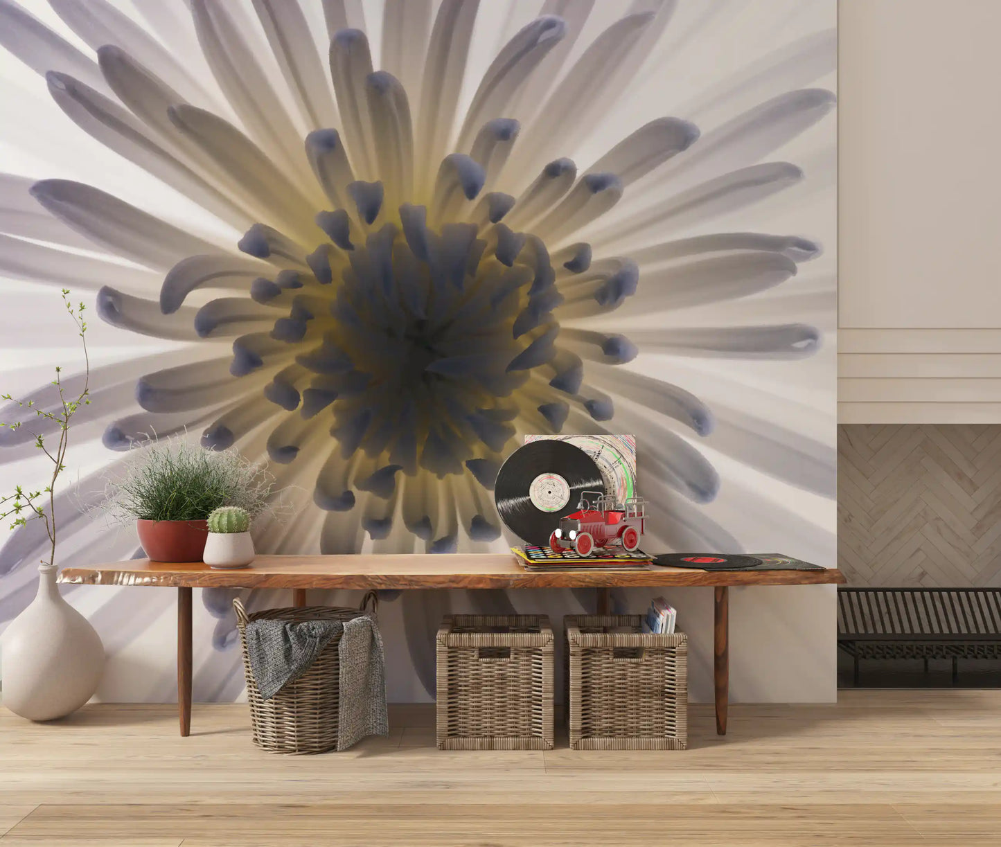 Luminous petals wall mural, white starburst flower with yellow-blue heart.
