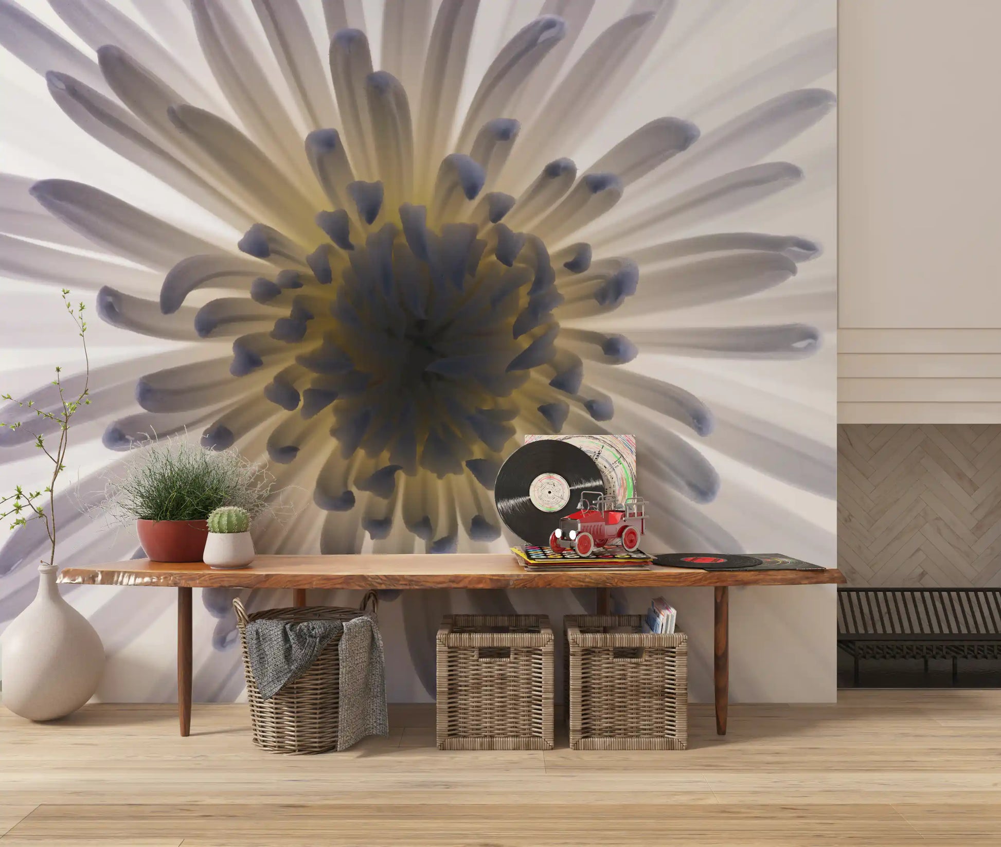Luminous petals wall mural, white starburst flower with yellow-blue heart.