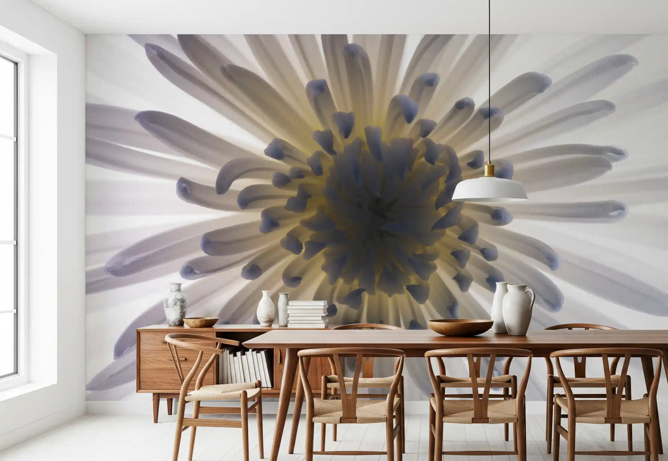 Luminous petals wall mural crowns a Dining room with a starburst bloom.