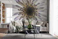 A Living room airs out under this luminous petals wall mural starburst.