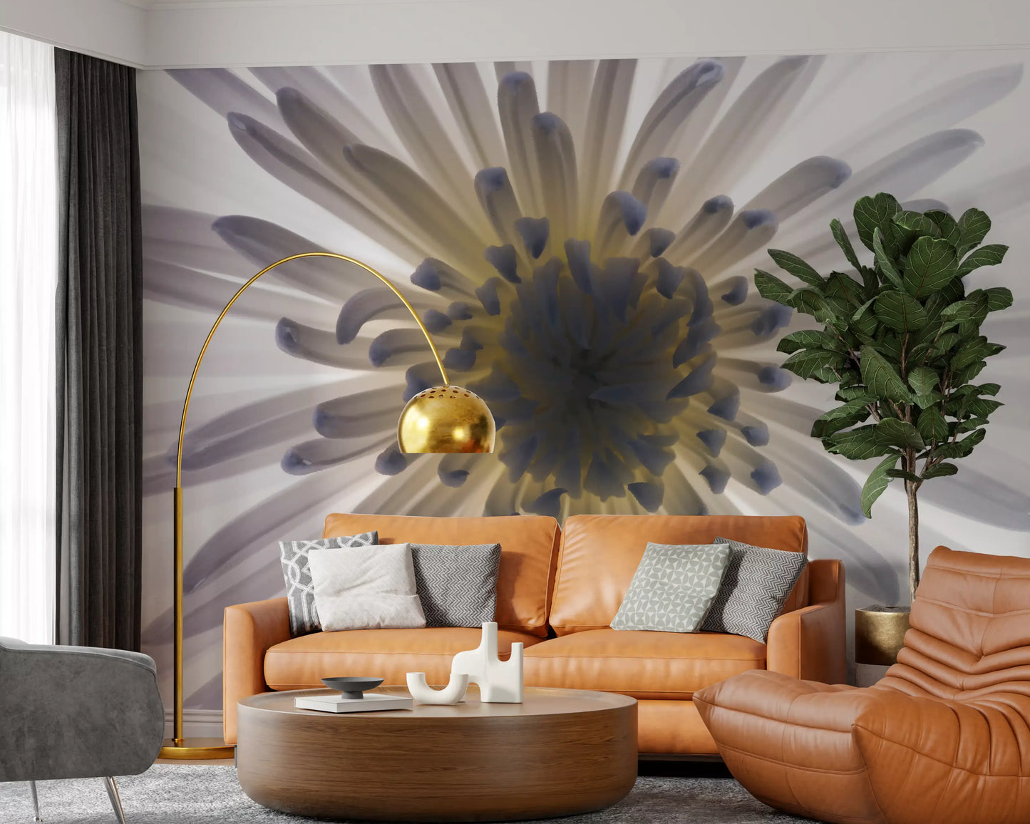 A lounge floods with light from this luminous petals wall mural close-up.