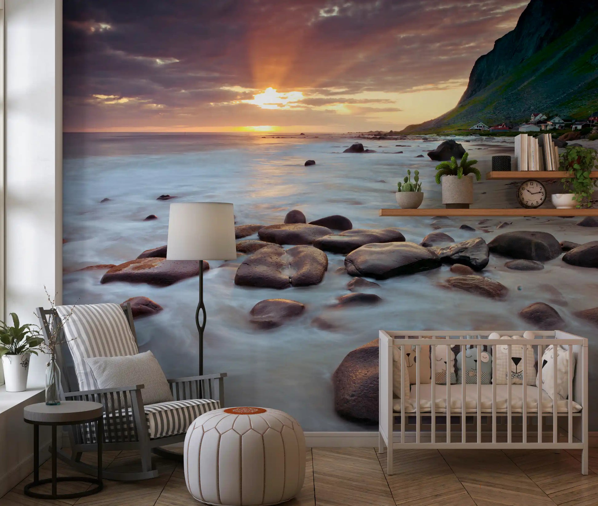 A Nursery whisks away with this coastal sunset serenity wall mural scene.