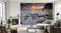 Wave-smoothed boulders punctuate this coastal sunset serenity wall mural.