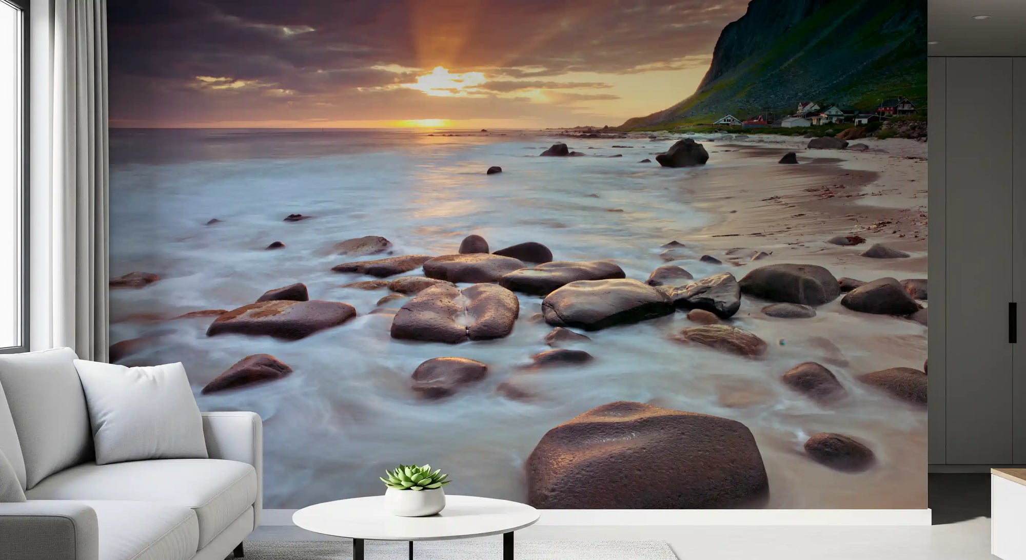 Coastal sunset serenity wall mural restores a living room with golden hour calm., GD9714