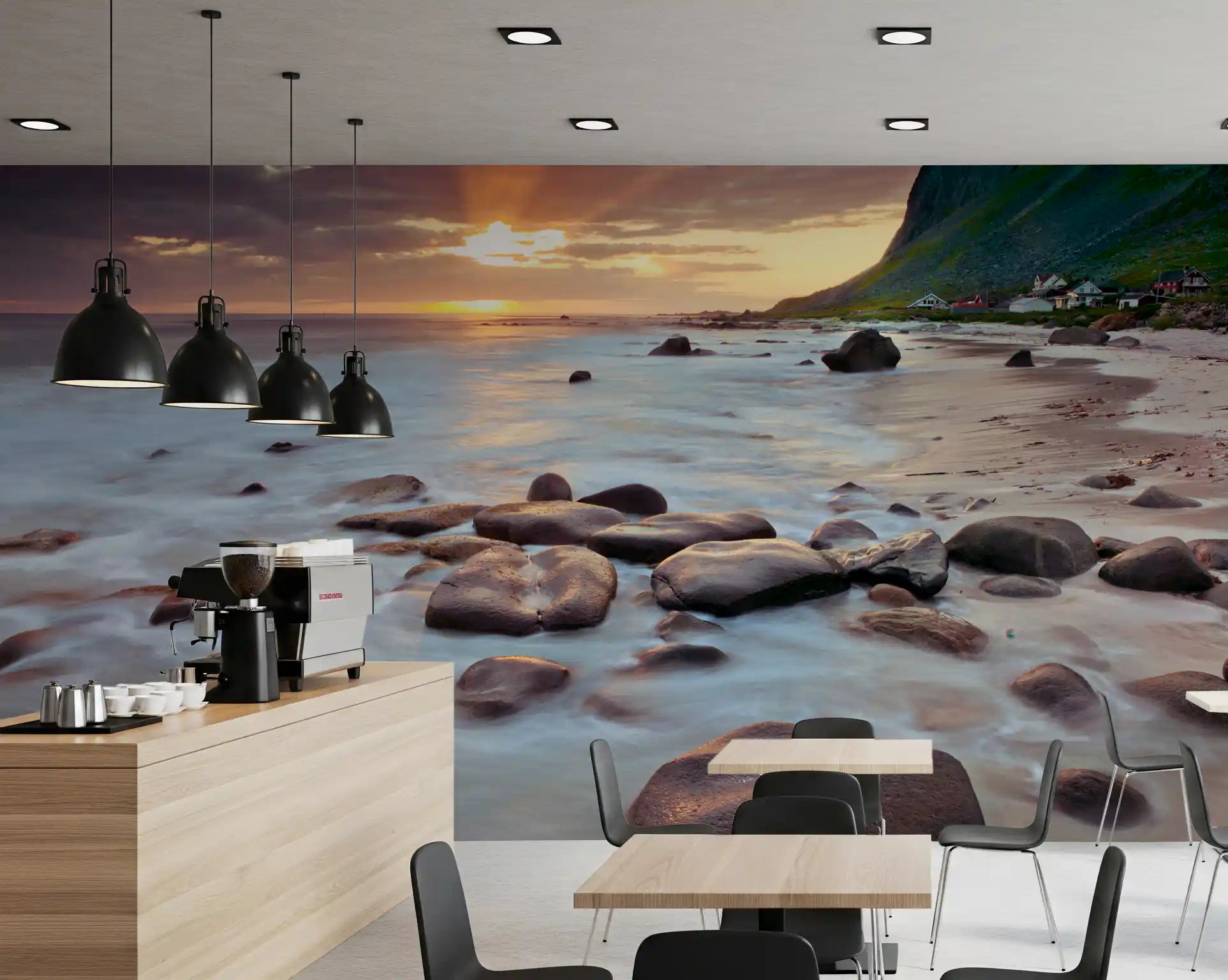 A Café flickers gold with this coastal sunset serenity wall mural.