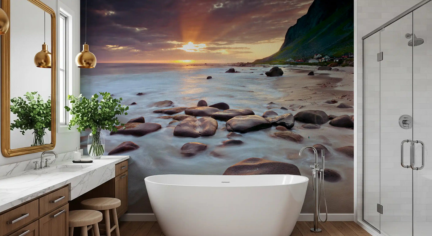 A bathroom surrenders to sunset with this coastal serenity wall mural.