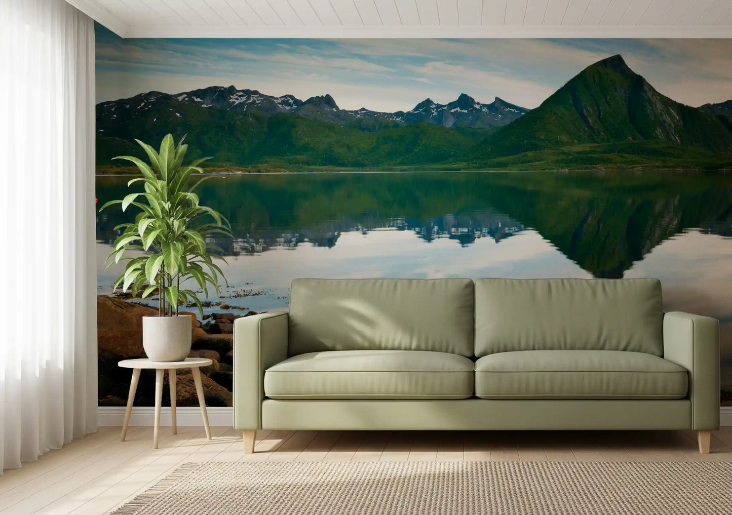 Wispy clouds streak over emerald peaks on this mirror waters wall mural.