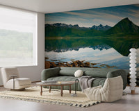 A modern living room broadens with this emerald peaks mirror waters wall mural.