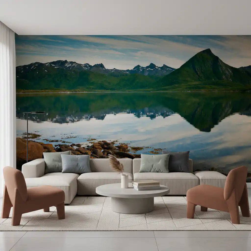 Rocky shoreline rims this emerald peaks mirror waters wall mural scene.