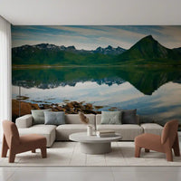 Rocky shoreline rims this emerald peaks mirror waters wall mural scene.