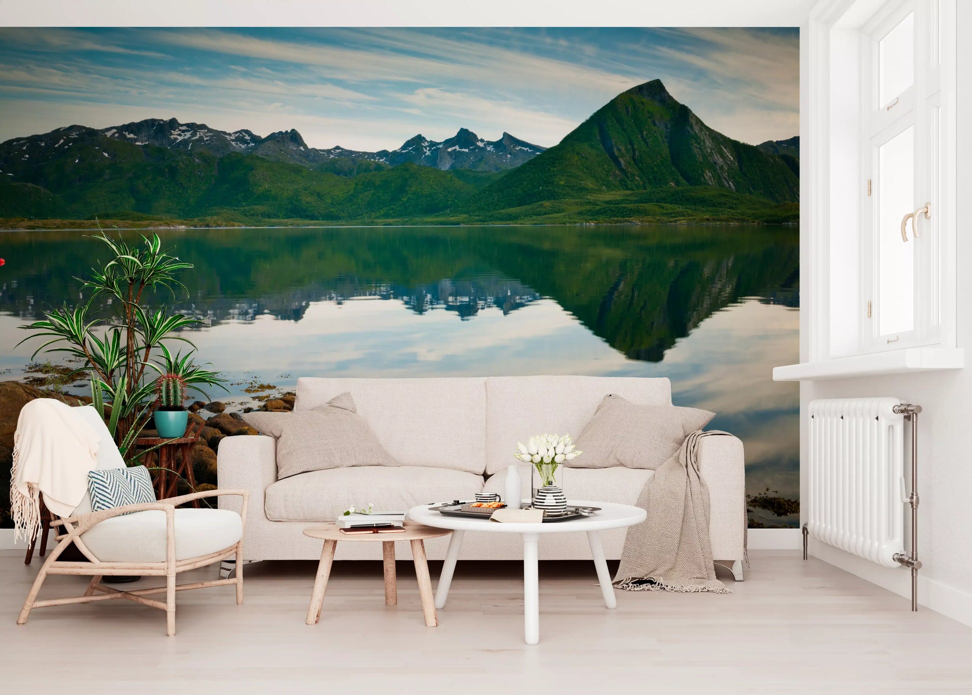 Reflection of emerald peaks spans the mirror still waters in this scenic wall mural.