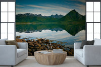 A Hallway escapes to the fjord with this emerald peaks mirror waters wall mural.