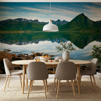 Emerald peaks and mirror waters wall mural expands a Dining room room with scenic depth.