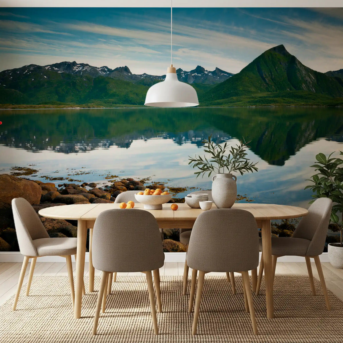 Emerald peaks and mirror waters wall mural expands a Dining room room with scenic depth., GD9715