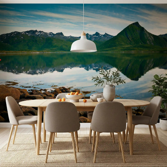 Emerald peaks and mirror waters wall mural expands a Dining room room with scenic depth.