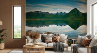 Emerald peaks and mirror waters wall mural, scenic Nordic fjord at golden light.