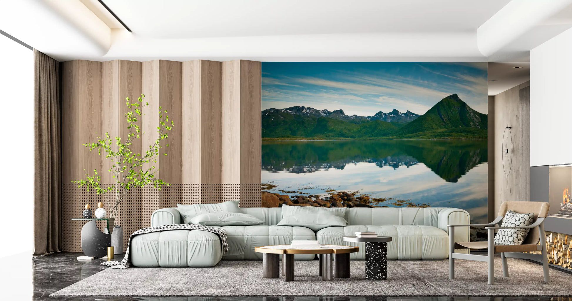 Mirror waters reflect emerald peaks in a Living room on this scenic wall mural.