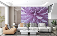 A modern living room dreams up calm with this luminous lilac bloom wall mural.
