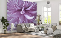 A lounge lingers in pastel mood with this luminous lilac bloom wall mural.