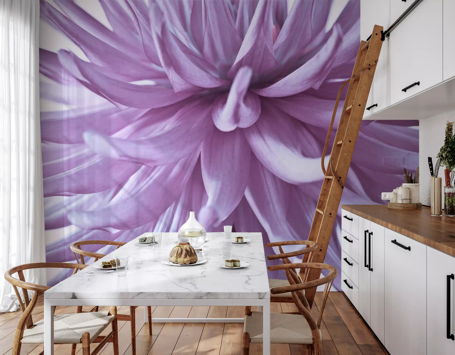 A Kitchend and dining room melts with this luminous lilac bloom wall mural macro.

