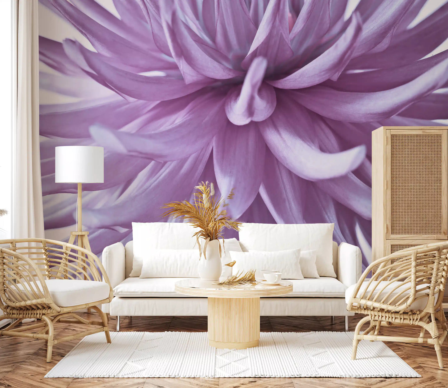 Lilac bloom petals breeze into a Living room on this luminous wall mural.