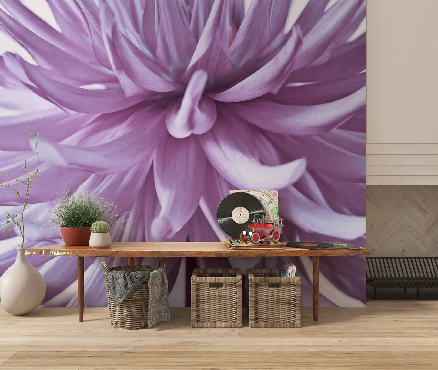 Slim petals taper to fine tips on this luminous lilac bloom wall mural.