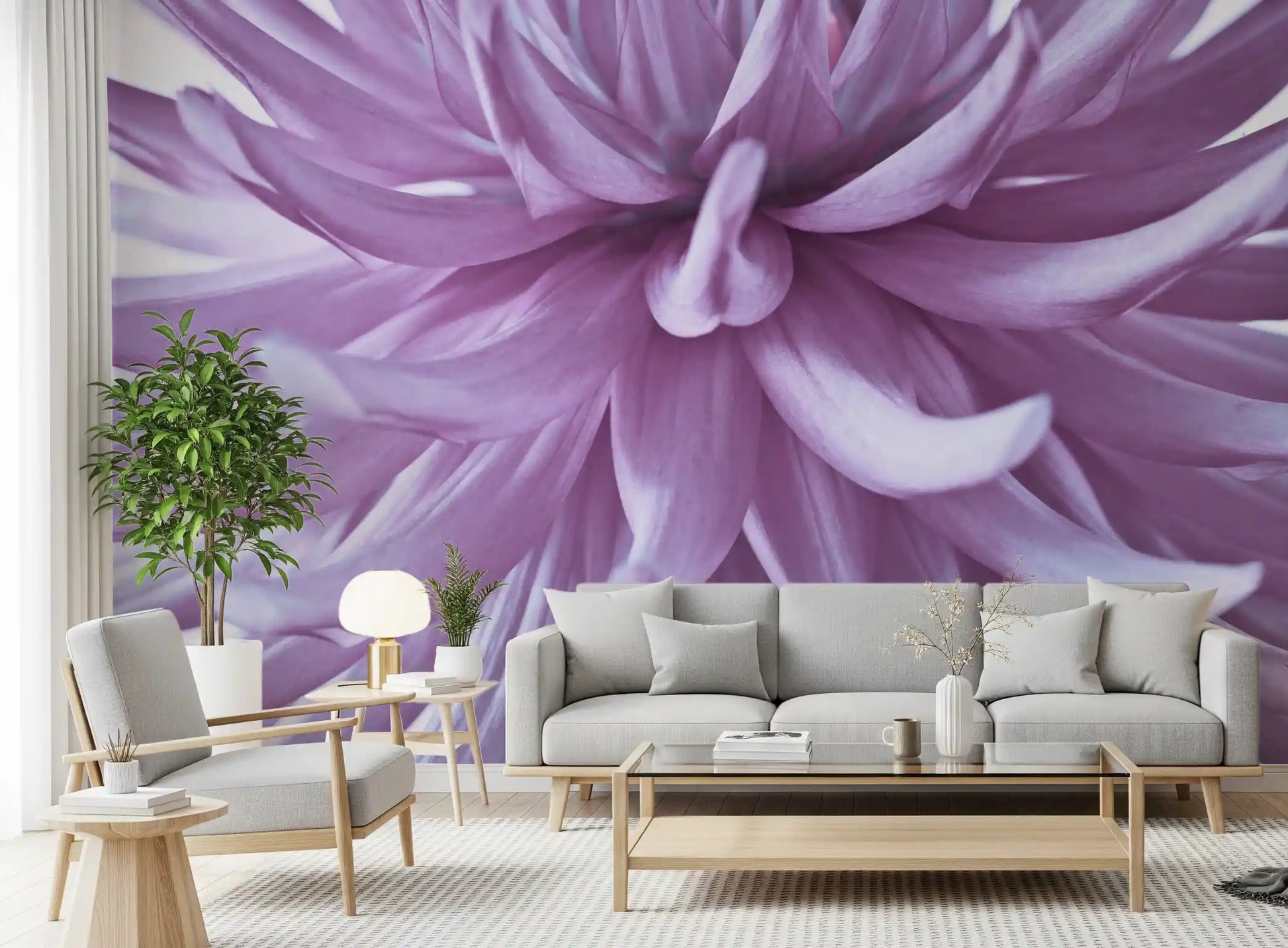 Luminous lilac bloom wall mural shimmers across a living room with vibrant petals.