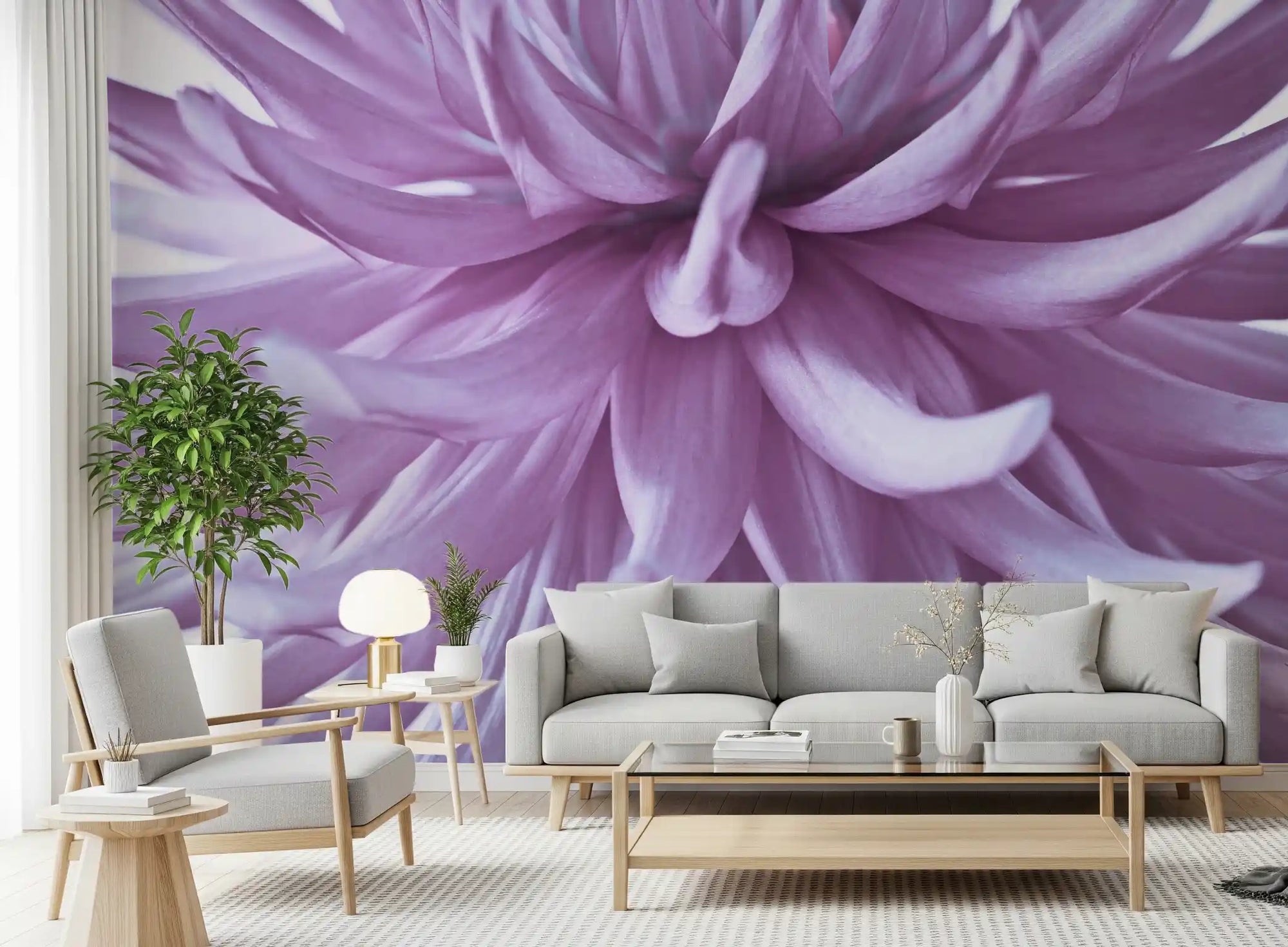 Luminous lilac bloom wall mural shimmers across a living room with vibrant petals., GD9716