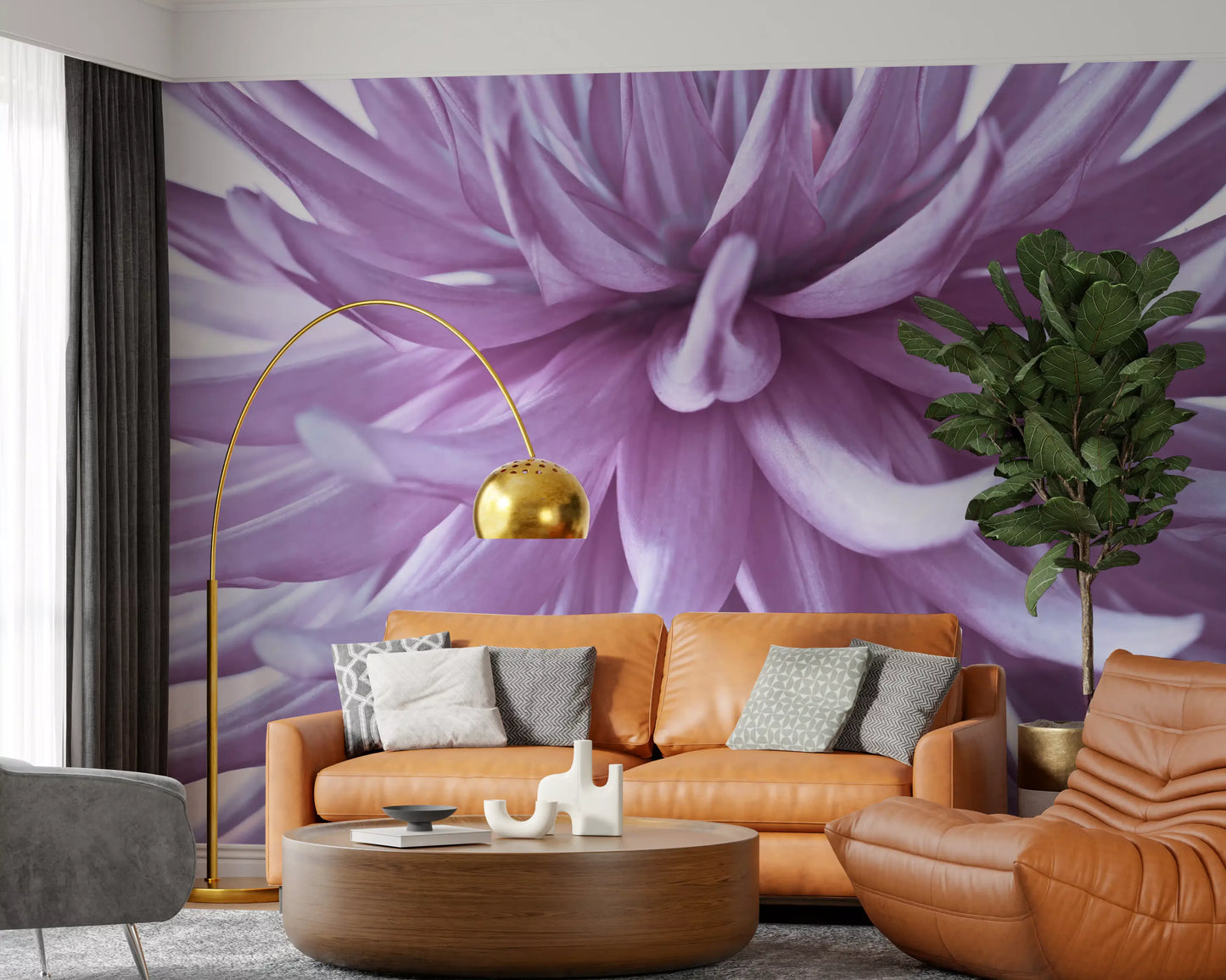 Luminous lilac bloom wall mural, spiked petals around a tight pale center.