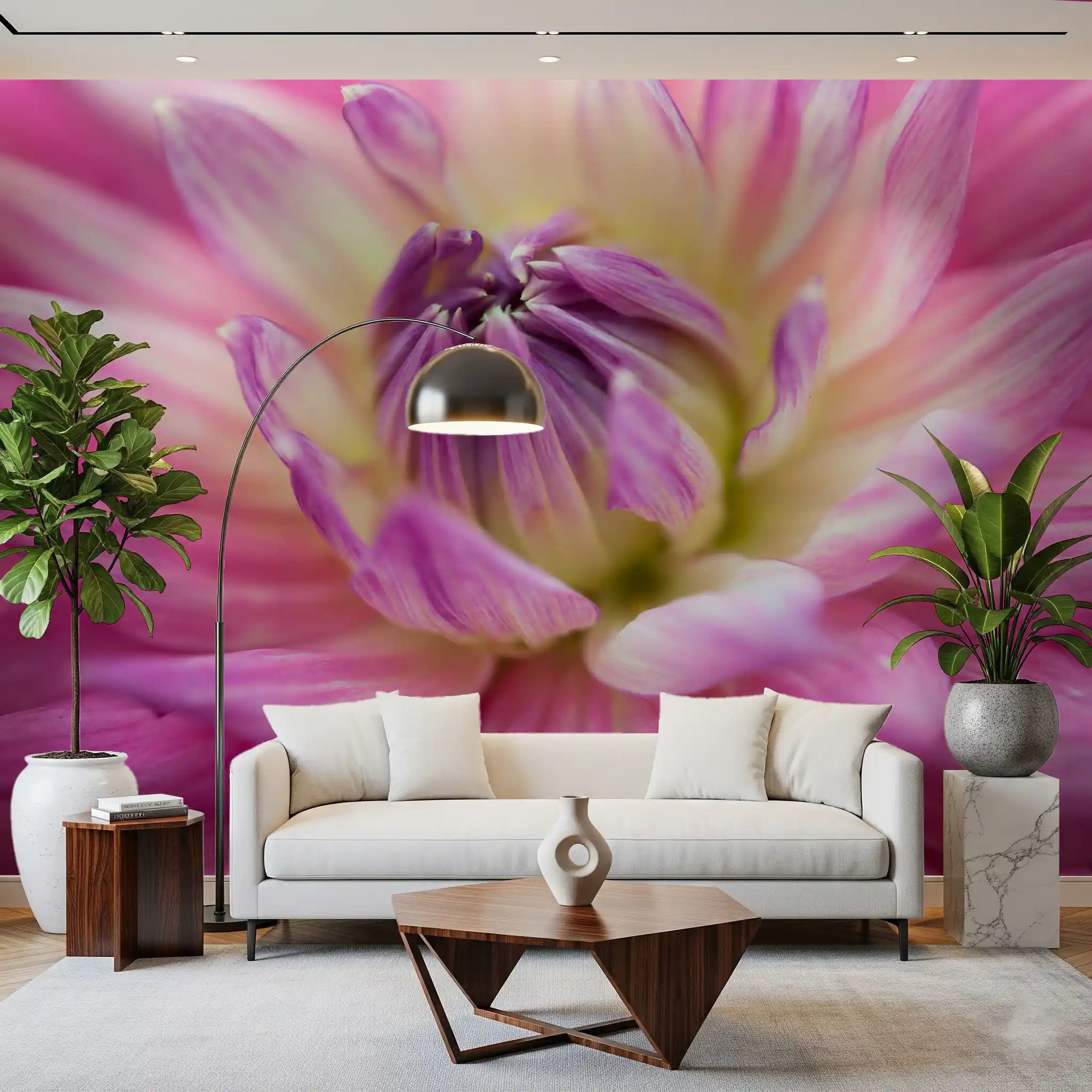 Pink dahlia blossom wall mural awakens a living room with vibrant petals., GD9717
