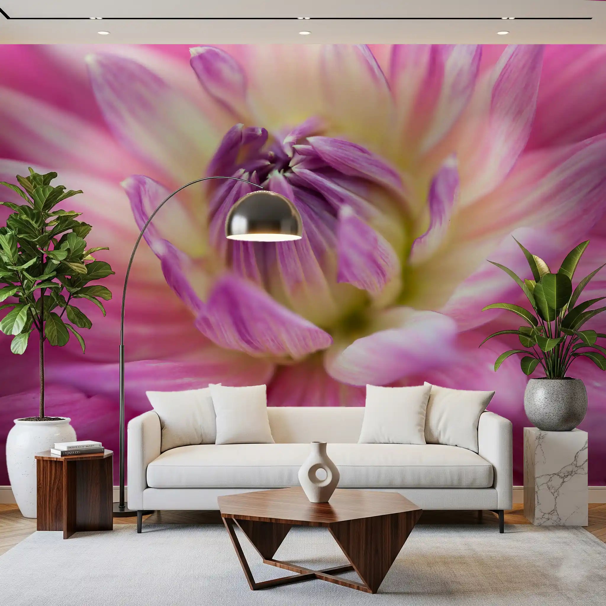 Pink dahlia blossom wall mural awakens a living room with vibrant petals.