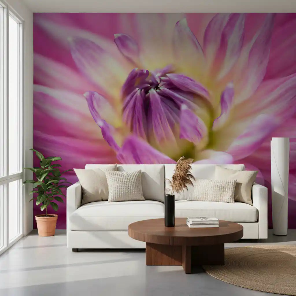 Macro view of a dahlia blossom on this vibrant pink wall mural sample.