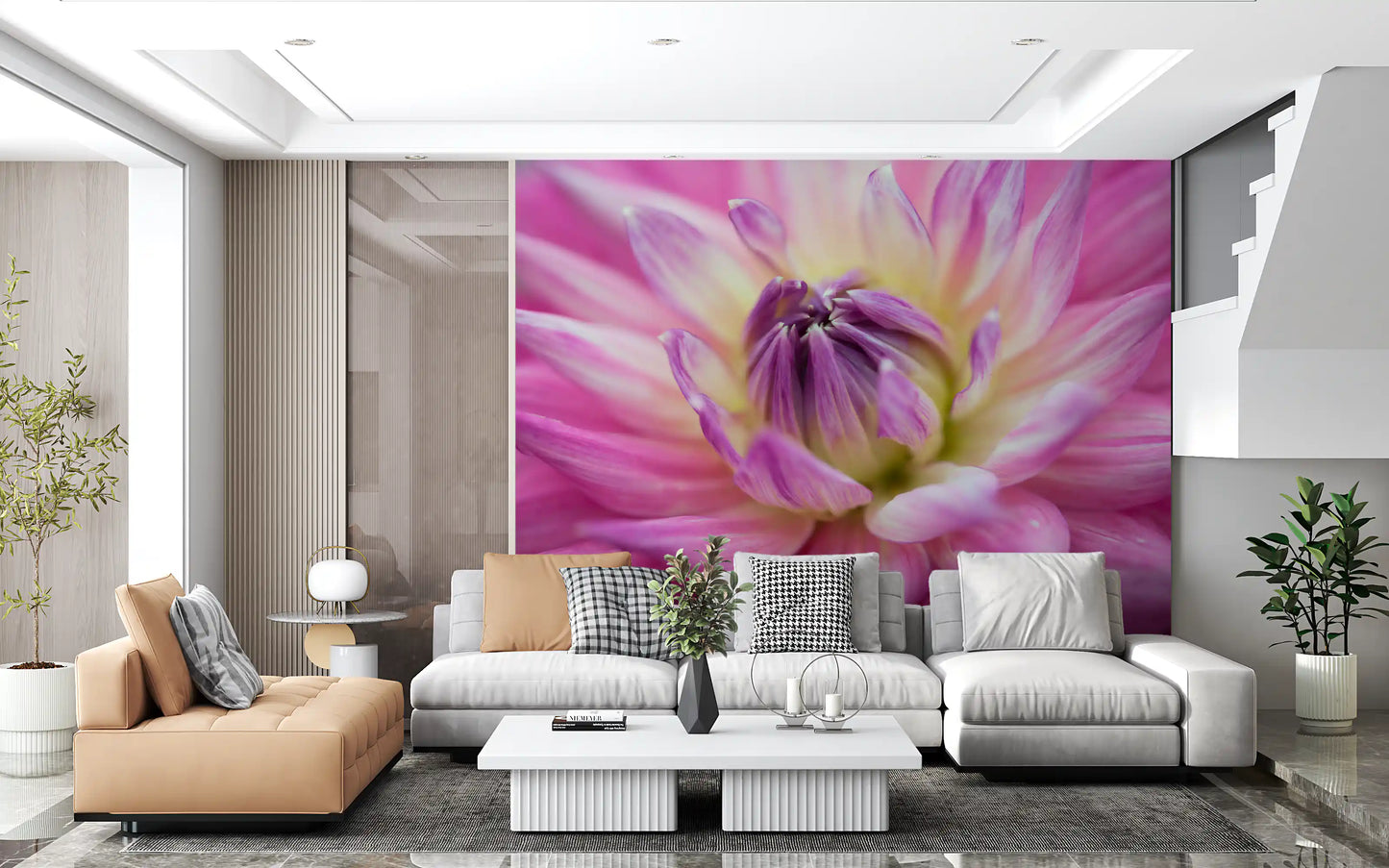 Vibrant dahlia blossom wall mural, pink petals around a creamy yellow heart.