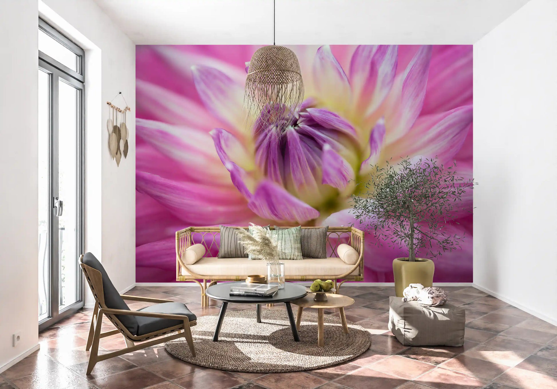 Pink dahlia petals layer outward on this vibrant blossom wall mural.