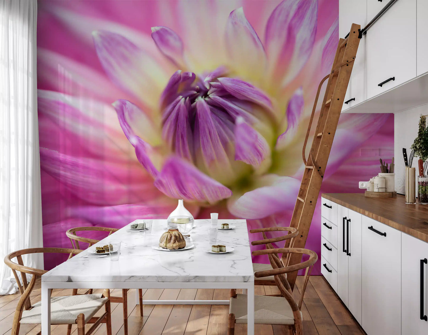A modern Kitchen-dining  ignites with this vibrant dahlia blossom wall mural.