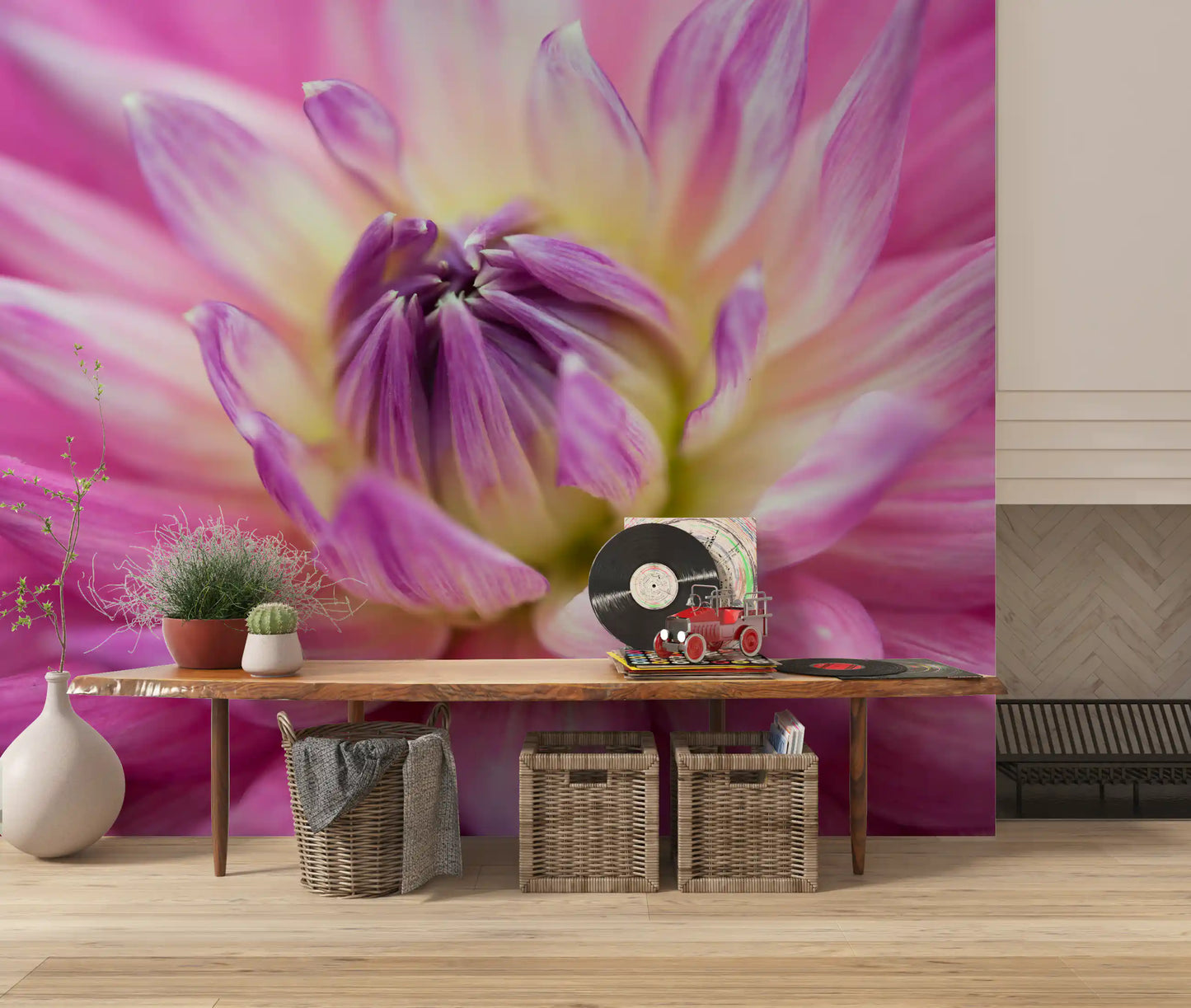 A hallway electrifies with this vibrant pink dahlia blossom wall mural.