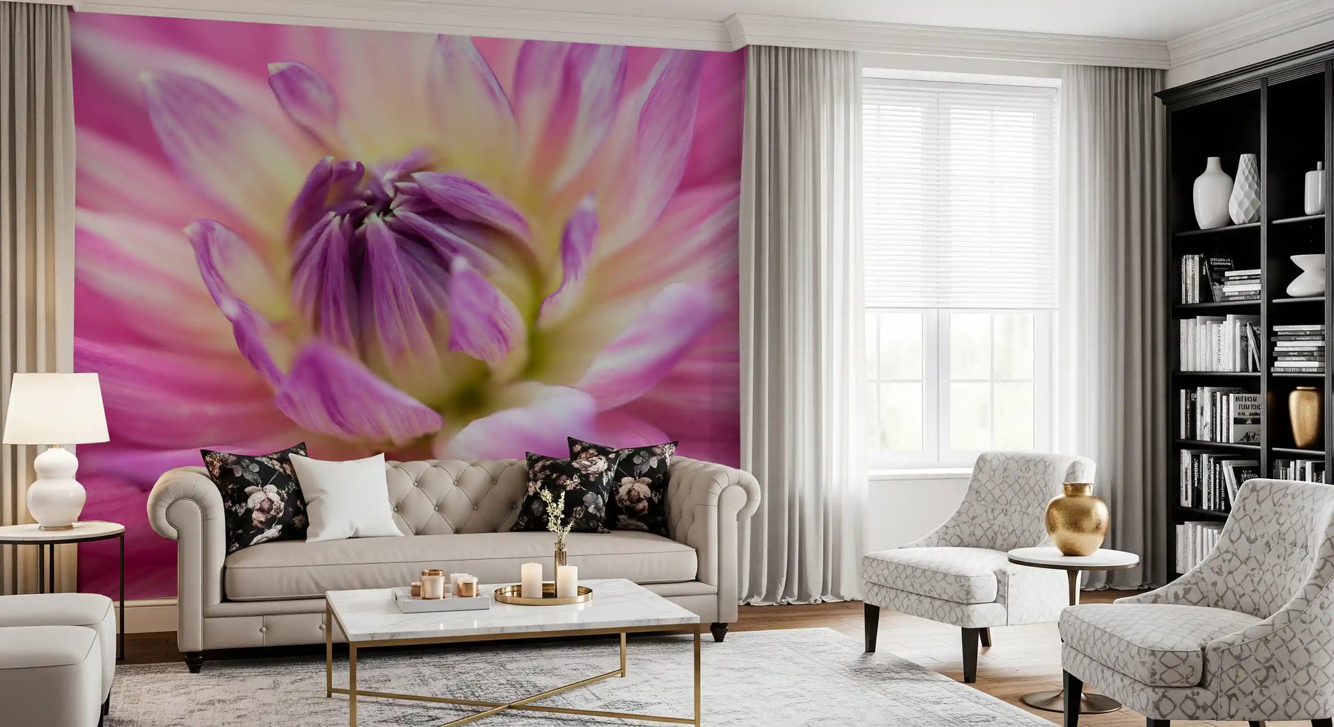 Buttery yellow tones center this vibrant pink dahlia blossom wall mural close-up.