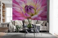 A lounge erupts in pink with this vibrant dahlia blossom wall mural.