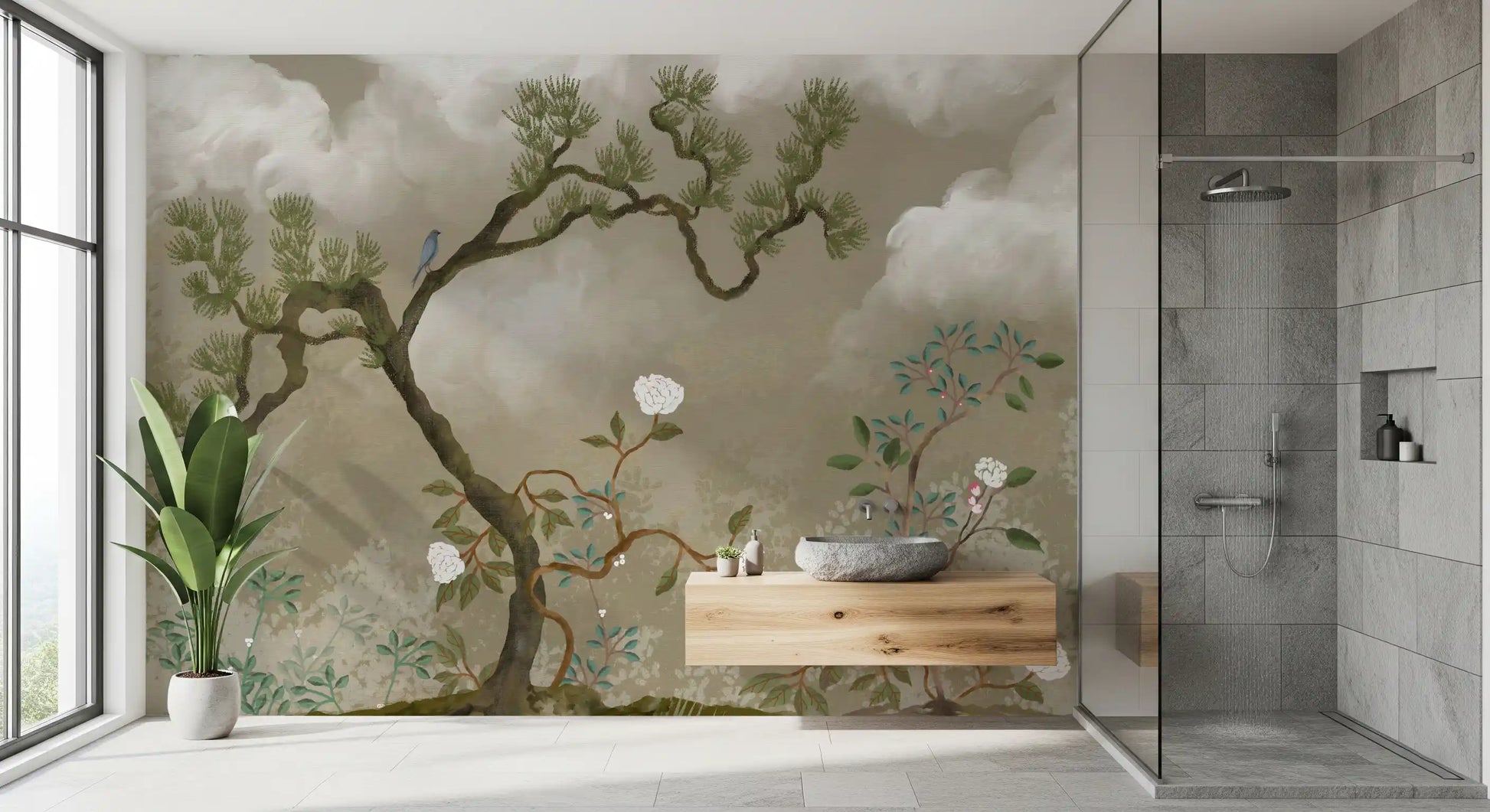 Tranquil Chinoiserie Pine & White Blossom Garden wall mural in warm taupe and sage green.